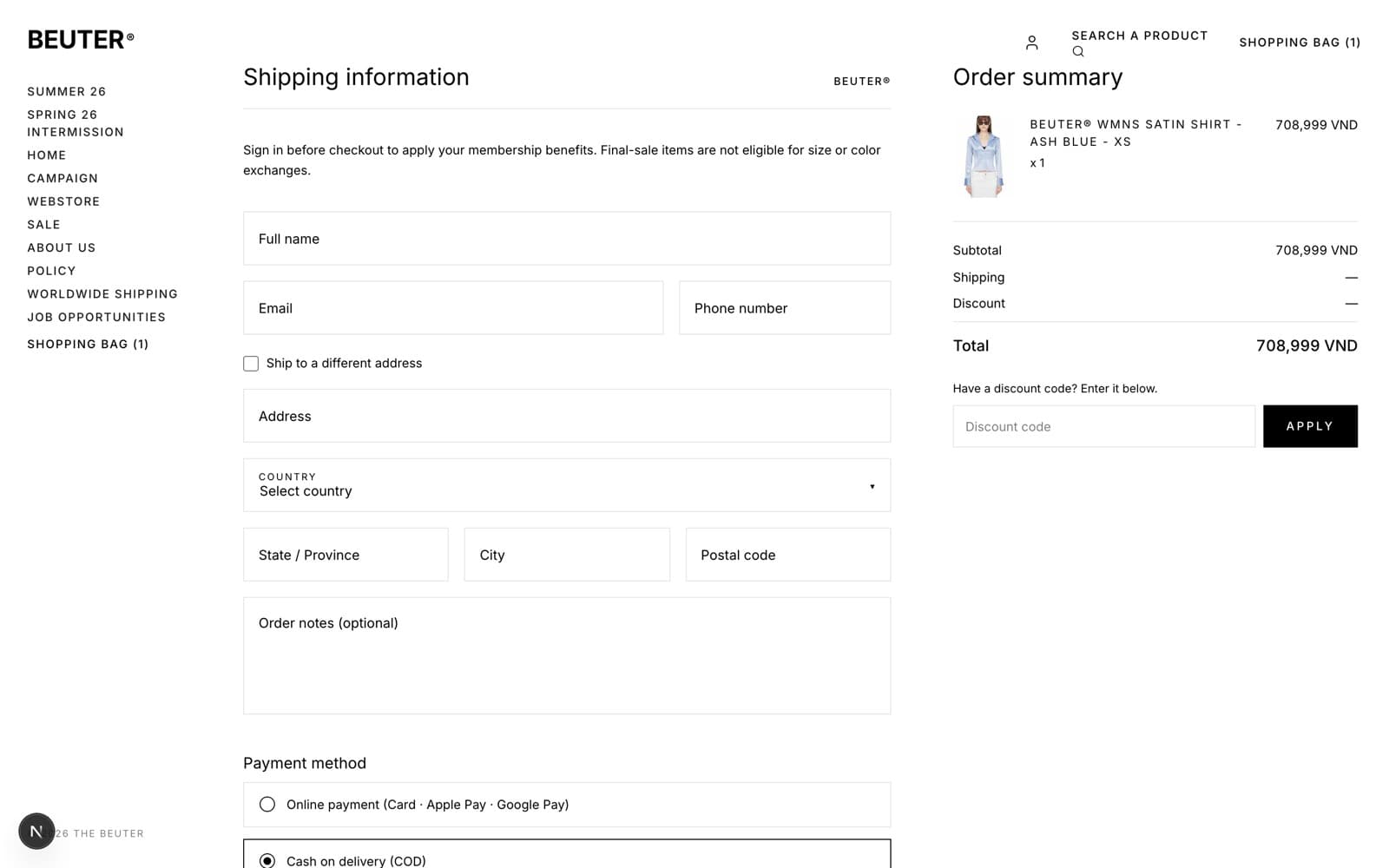 Checkout page with shipping information form and order summary